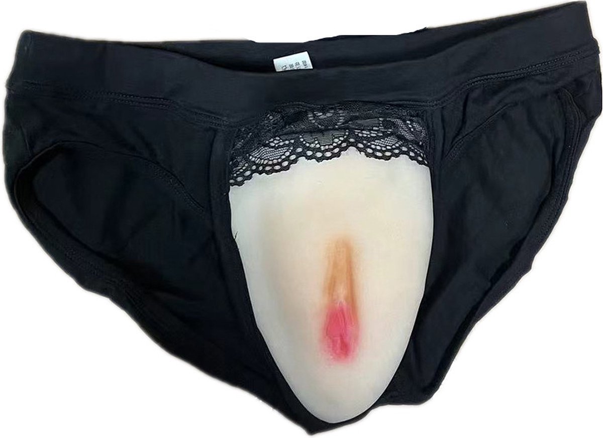 Slip met geïntegreerde 100% hypoallergene medische siliconen - L - zwart - kanten details - realistisch - nepvagina - kunstvagina - onderlichaam - erotisch ondergoed - geslachtsdeel - cosplay - transgender - femboy - clitoris - elastisch - vulva -