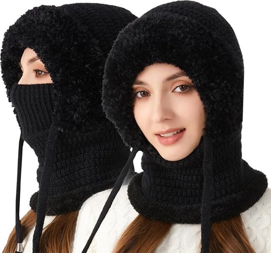 3-in-1 Dames Muts , Sjaal & Gezichtsmasker, dames, winter, warme capuchonsjaal, winddichte damesmuts, koudebescherming, skimuts, wintermuts, geschikt voor bergbeklimmen, skiën, motorrijden, winddicht masker - 1Stuks Zwart hoedomtrek 55-60cm
