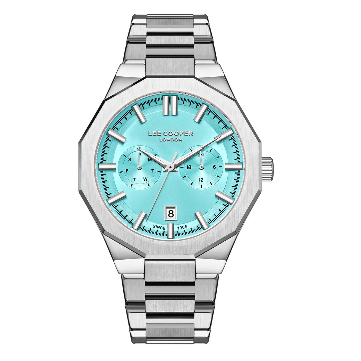 Lee Cooper LC08018.300 - Horloge - Polshorloge - Analoog - Heren - Mannen - stalen band - Metaal - Twaalfhoek - Strepen - Datumaanduiding - 12-24H - Zilverkleurig - Turkoois Groen