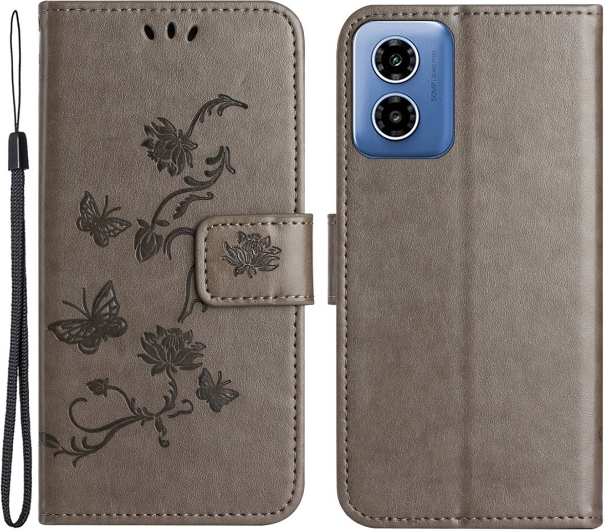 Coverup Hoesje - Geschikt voor Motorola Moto G04(s) / G24 (Power) / E14 Hoesje - Coverup Bloemen & Vlinders Book Case - Taupe Grijs