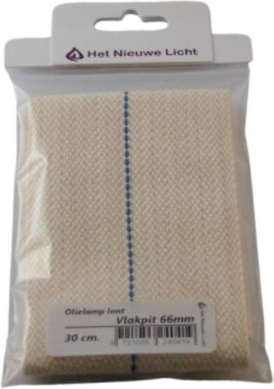 Verpakking met een platte olielamp lont, 66mm breed, 30cm lang, met blauwe stiksel.
