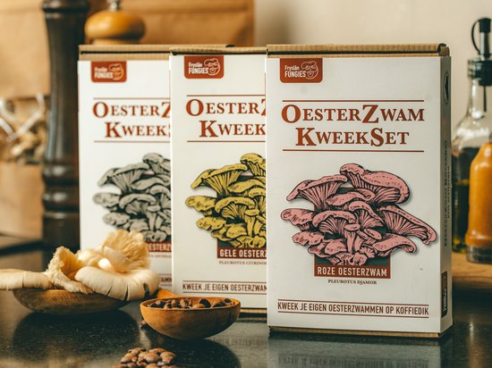 Kweek oesterzwammen in 3 kleuren, kweekset voordeelbundel - Kweek je oesterzwammen op je eigen koffiedik in roze, geel en grijs.