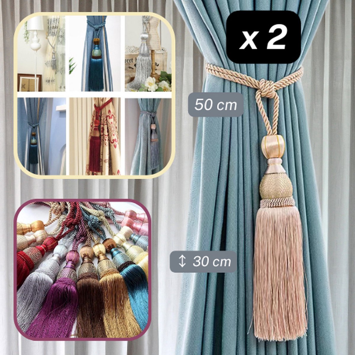 Embrasses à Pompons Pour Rideaux - Lot De 2, Couleur Vert D'eau, Sans Marque