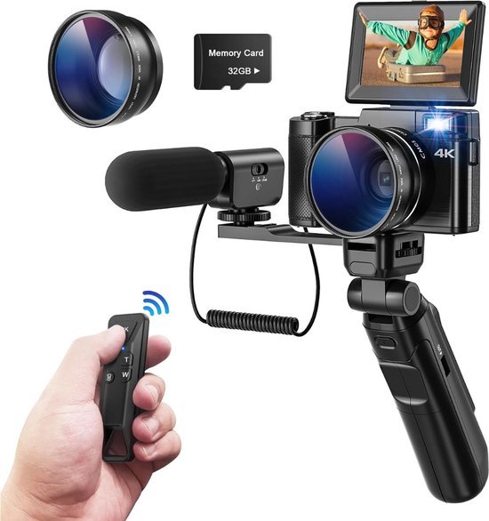 Foto: 2 in 1 digitale camera met tripod selfiestick vlog camera voor beginners handycam full hd fototoestel 180 flipscreen bluetooth