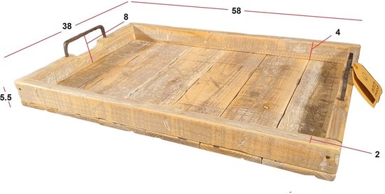 Houten dienblad met metalen handgrepen, afmetingen 58x38x9cm.
