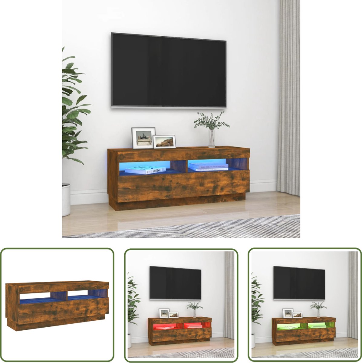 vidaXL Houten Tv-stand - Tv-meubel - Tv-meubel met LED-verlichting 100x35x40 cm gerookt eikenkleurig - Led Tv-tafel - Bruine Tv-bank - Televisiecabinet
