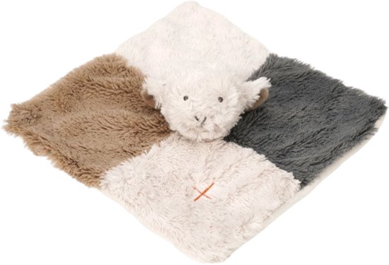 Knuffeldoek in de vorm van een schaapje met een ge face van ecru, bruine en grijze vlakken.