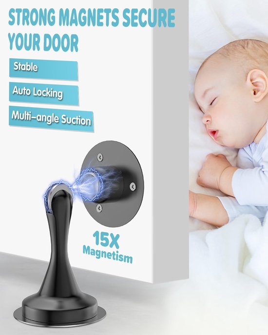 Zwarte magnetische deurstopper met 15x magnetisme, toont 'Strong Magnets Secure Your Door' en een slapende baby.