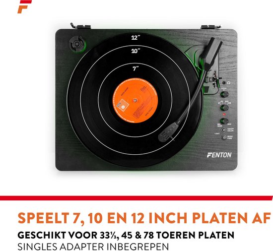 Retro platenspeler Bluetooth (in & out) - Fenton RP162LED - Platenspeler met ingebouwde speakers - Multicolour LED-ring - Zwart — afbeelding 5