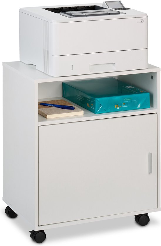 Witte archiefkast op wielen met een printer erboven, een open vak met papier en een gesloten kast.