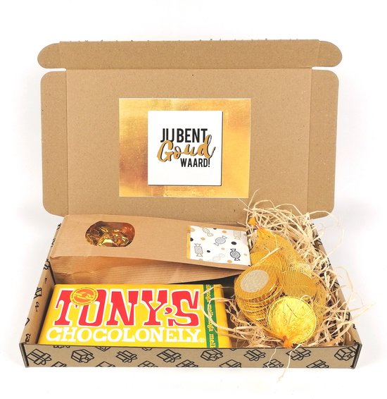 Jij bent goud waard - brievenbus pakket - cadeau pakketje - chocolademunten - zakje goud toffee's - Tony chocolonely