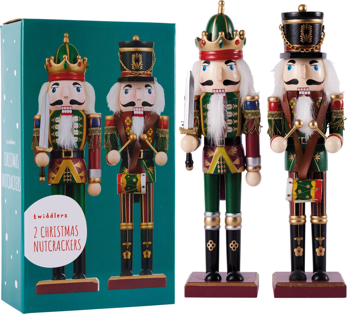 The Twiddlers 2 Houten Notenkraker Kerstdecoratie Beeld, 30cm - Kerst Notenkraker Soldaat en Koning (Groen)