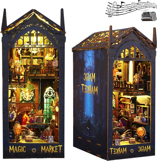 Foto: Diy magic book nook kit luxe editie magische markt incl led lamp muziek doos houten modelbouw diy miniatuur poppen huis met led licht en meubels doe het zelf houten poppenhuis kit puzzel huis model bouwsets thuis boekenplank decor