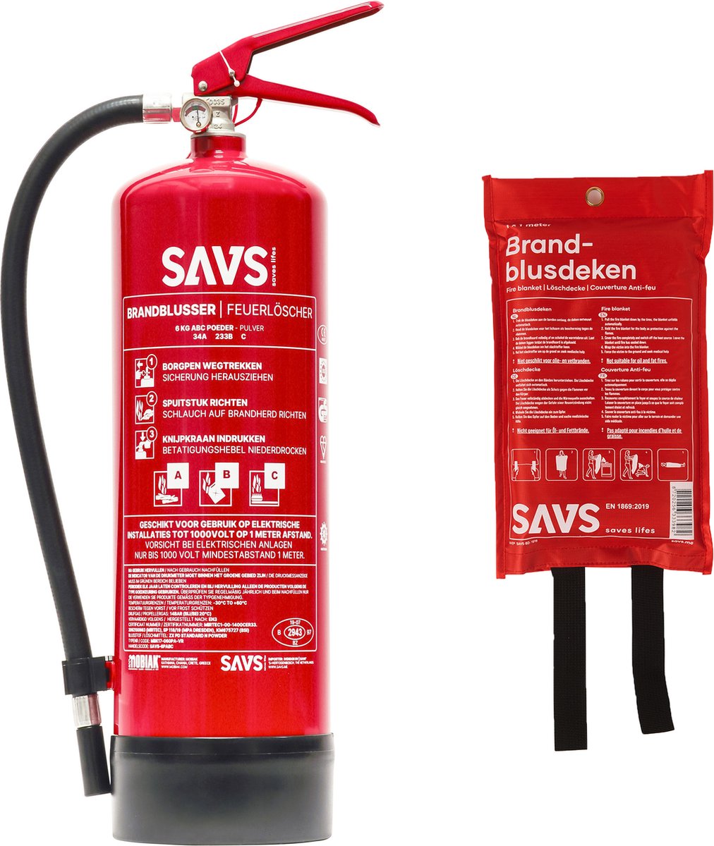 SAVS Brandblus box - Poeder extra groot - Brandblusser poeder 6 kg & Blusdeken 120 x 180 cm - Blusrating 34A 233B C - Met montagebeugel & ophangoog - Poederblusser & Branddeken voor o.a. thuis, bedrijf & keuken