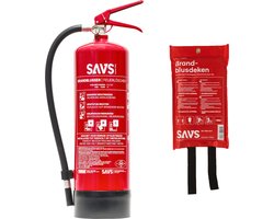 SAVS Brandblus box - Poeder extra groot - Brandblusser poeder 6 kg & Blusdeken 120 x 180 cm - Blusrating 34A 233B C - Met montagebeugel & ophangoog - Poederblusser & Branddeken voor o.a. thuis, bedrijf & keuken
