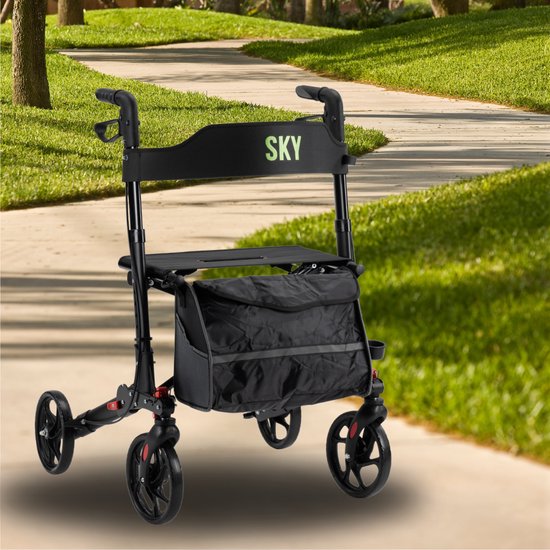 Sky - Lichtgewicht rollator - Zwart - Dubbel opvouwbaar - Met stokhouder, tas en rugband