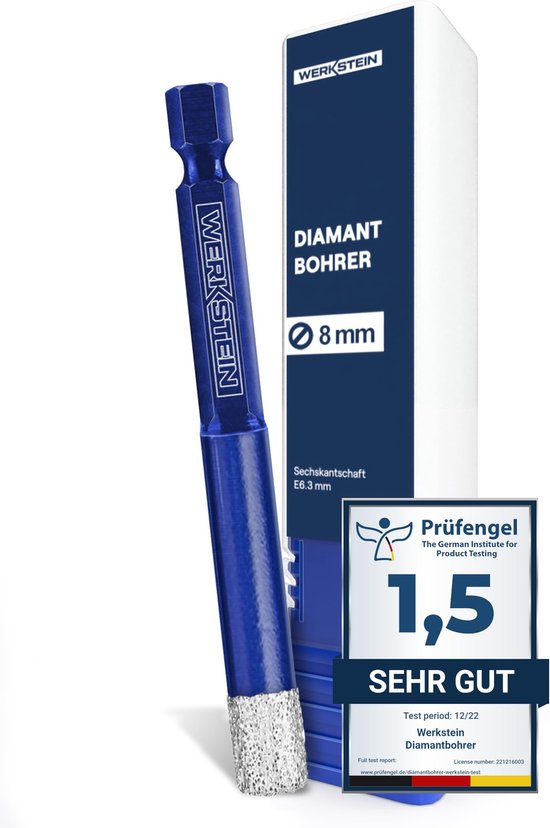 WERKSTEIN Tegelboor 8mm met Diamantboorkroon - Extreem duurzame boor voor fijnsteengoed om te boren in tegels, glas, keramiek, porselein, graniet, marmer en meer. Diamantboor met zeskantschacht