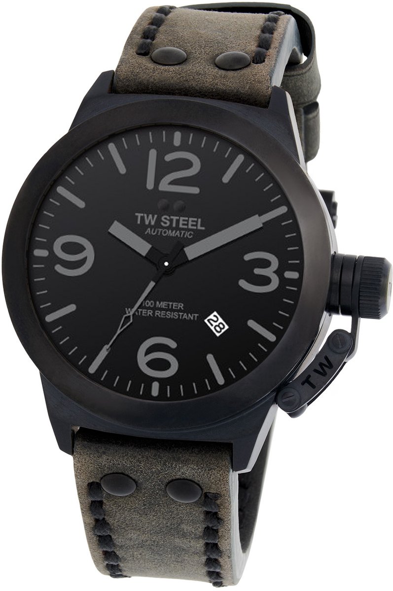 TW Steel TWCS116 Canteen Heren Horloge - Mineraalglas - Staal-Leer - Grijs-Zwart - 45 mm breed - Automatisch - Gesp - 10 ATM (zwemmen)