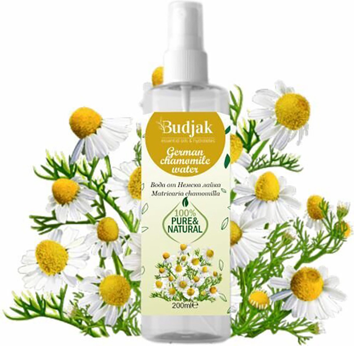 Biologische Duitse kamille hydrolaat - Matricaria chamomilla - zeer droge en gevoelige huid en hoofdhuid 200 ml.