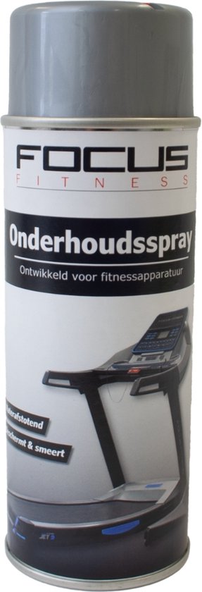 Zilveren spuitbus met grijze dop. Tekst 'Onderhoudsspray' en afbeelding van een loopband.