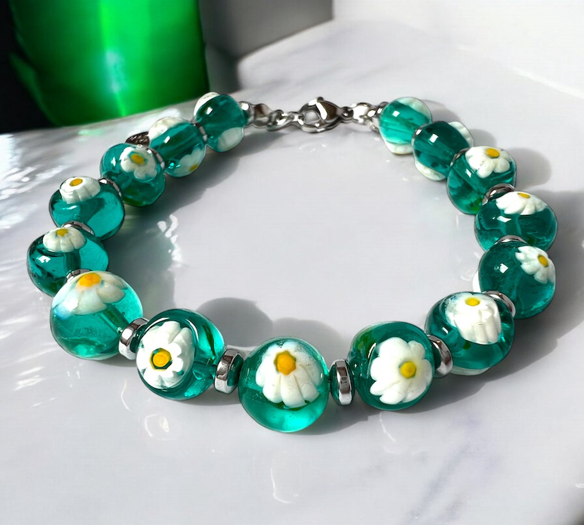 Corte Murrina - Murano glas armband - 'San Remo' Verde Trasparente - Groen - Gebloemd - 21cm - Exclusief bij Bella Murano