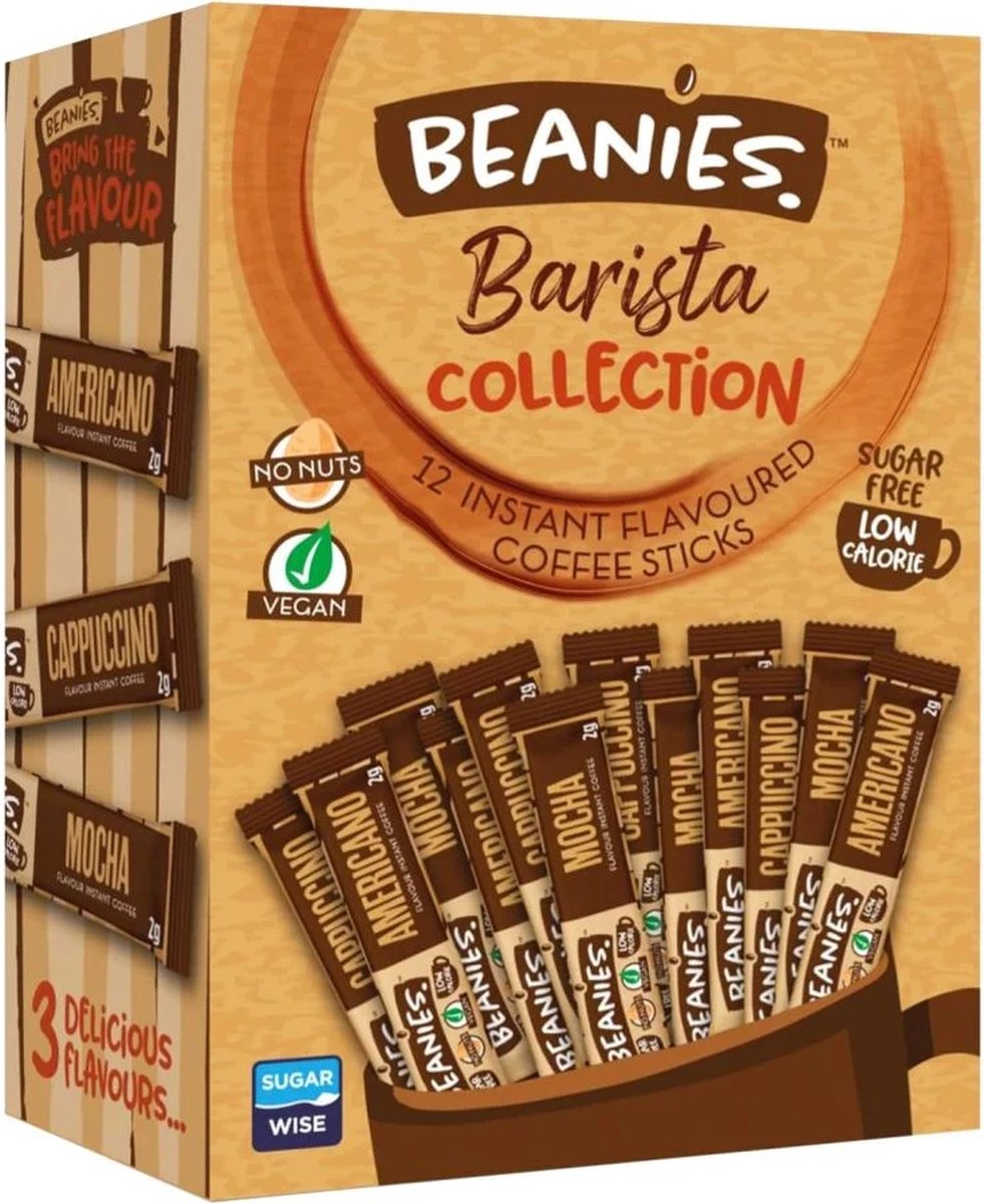 Goedkoopste Beanies - instant koffie - variety pack barista - koffie - flavoured - oploskoffie - 12 sticks - kado - koffie kado - koffie smaakjes - kado