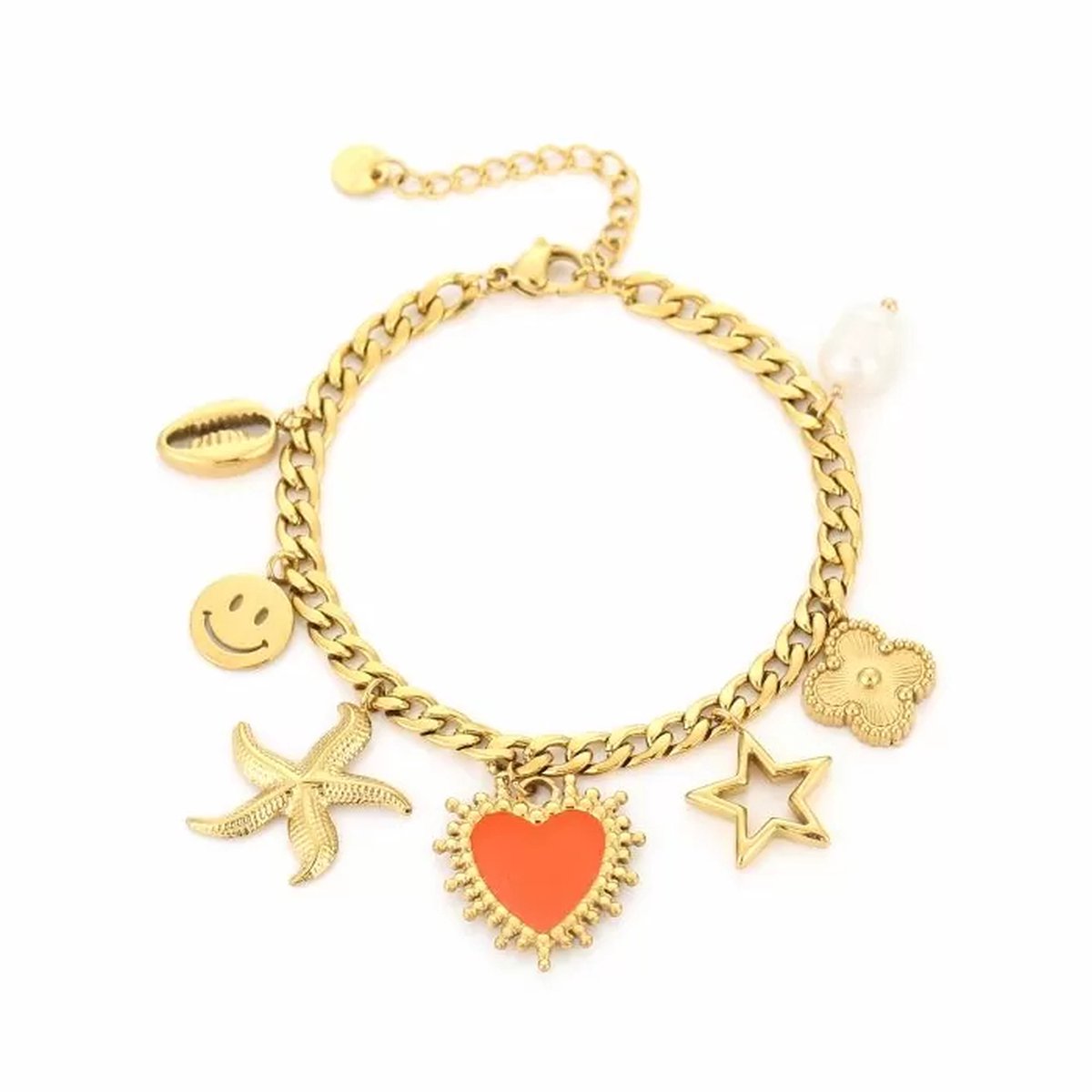 Bedelarmband - statement goud - stainless steel - waterproof - dames - armband - zeester - hart - ster - klaver
