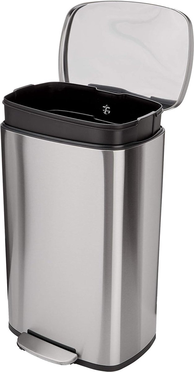 Goedkoopste Vierkante keukenvuilnisbak met stalen balk als voetpedaal - soft close mechanisme - 50 liter - satijnen nikkel afwerking vuilnisbak 60 liter