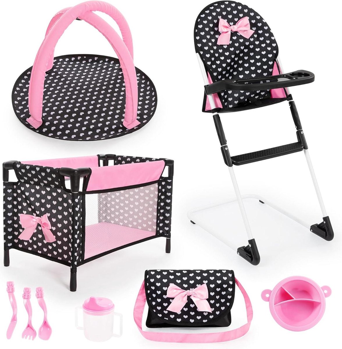 Poppenstoel bed speelboog poppen accessoires tas bord bestek drinkbeker roze zwart poppenstoel