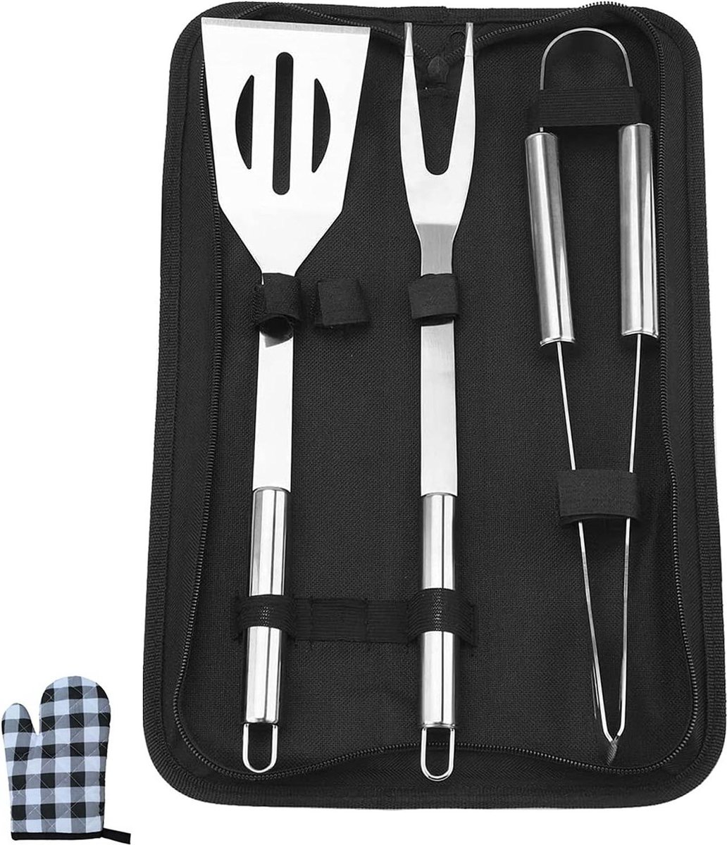 3 Stks Professionele RVS Grill Accessoires +1 BBQ Handschoenen Voor Camping Barbecue Grilling Spatel Tang Vork bbq gereedschap
