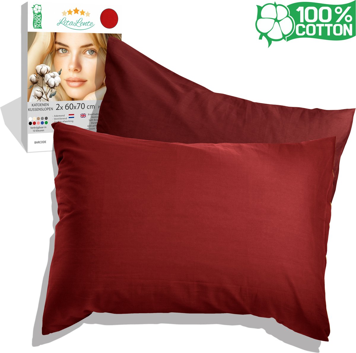 kussenslopen Katoen - 60x70 (set van 2) - Rood - Antibacteriëel kussensloop - Kussen Beschermer - kussensloop katoen - kussensloop - Kussenbeschermer - Kussenslopen