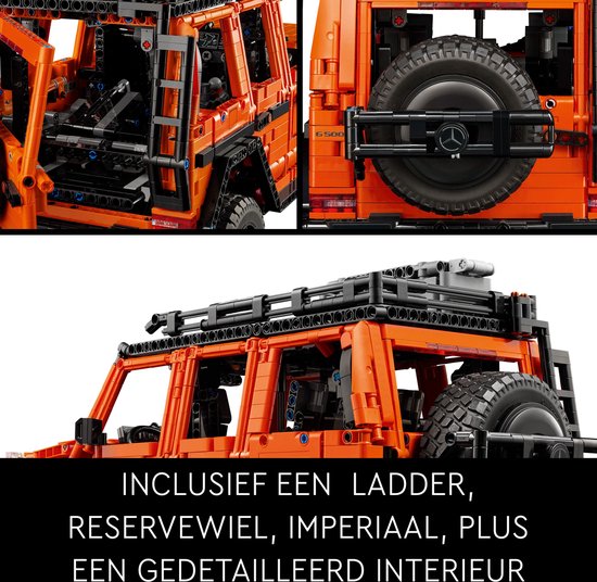Gedetailleerde LEGO Mercedes-Benz G 500, oranje, met ladder, reservewiel en interieur. "Inclusief een ladder, reservewiel, imperiaal, plus een gedetailleerd interieur."