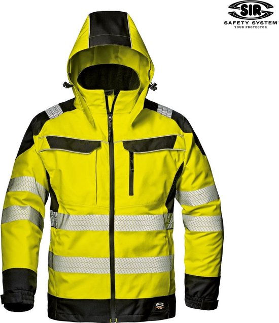 Reflecterende gele en zwarte parka werkjas met capuchon, reflecterende strepen op mouwen en romp.