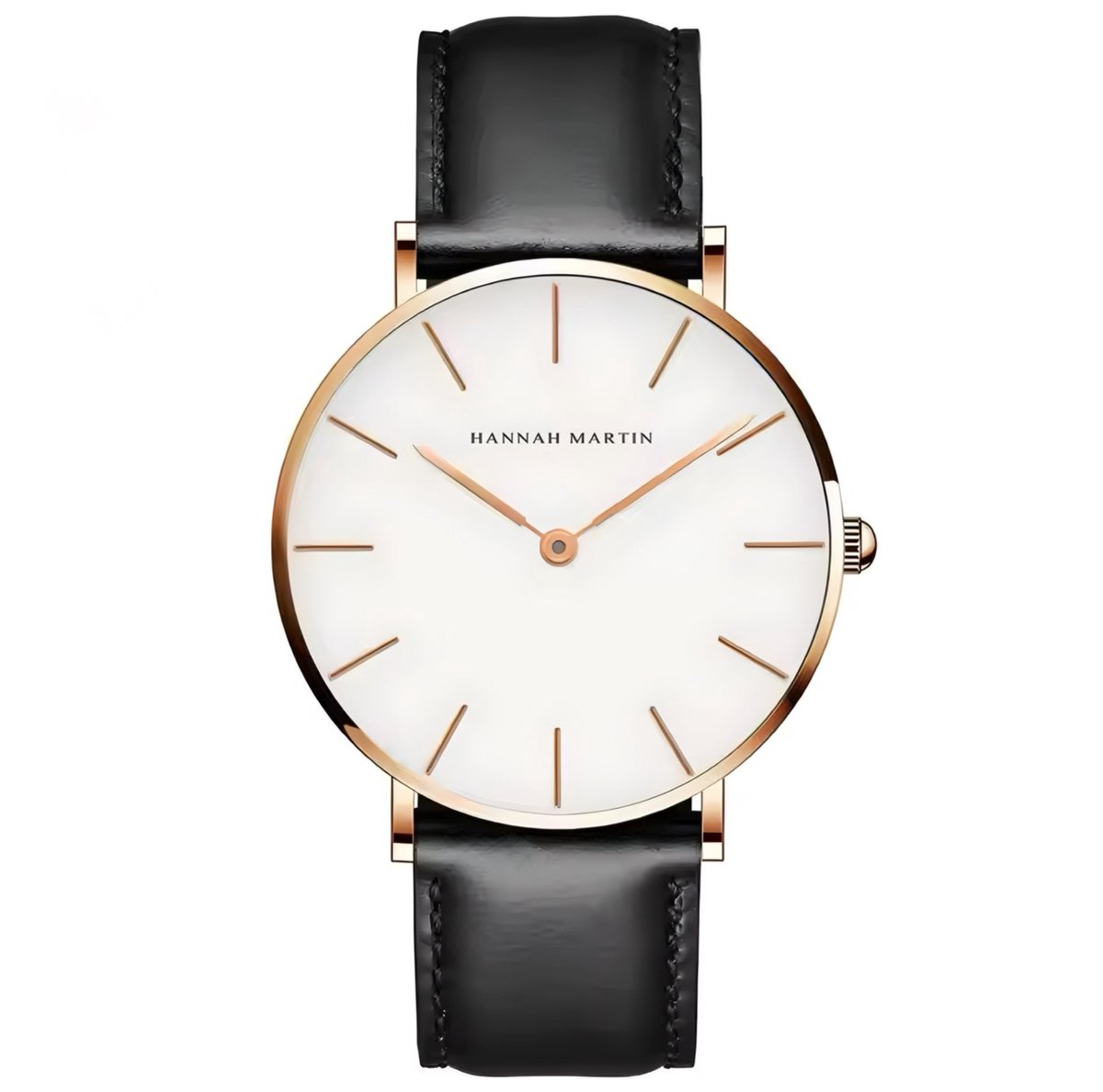 Hannah Martin Unisex Horloge | Zwart Lederen Polsband | Rose Goudkleurig Horlogekast | Wit Wijzerplaat |