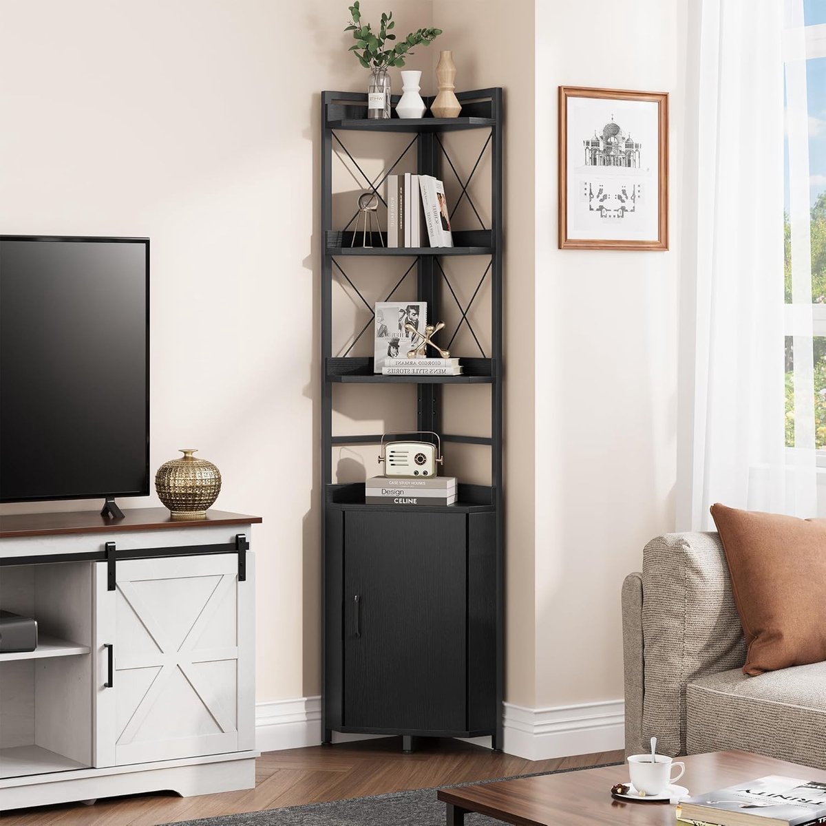 Goodivery ® Industrieel 4-Lagen Hoekrek met Kast, Vrijstaand Houten Boekenkast