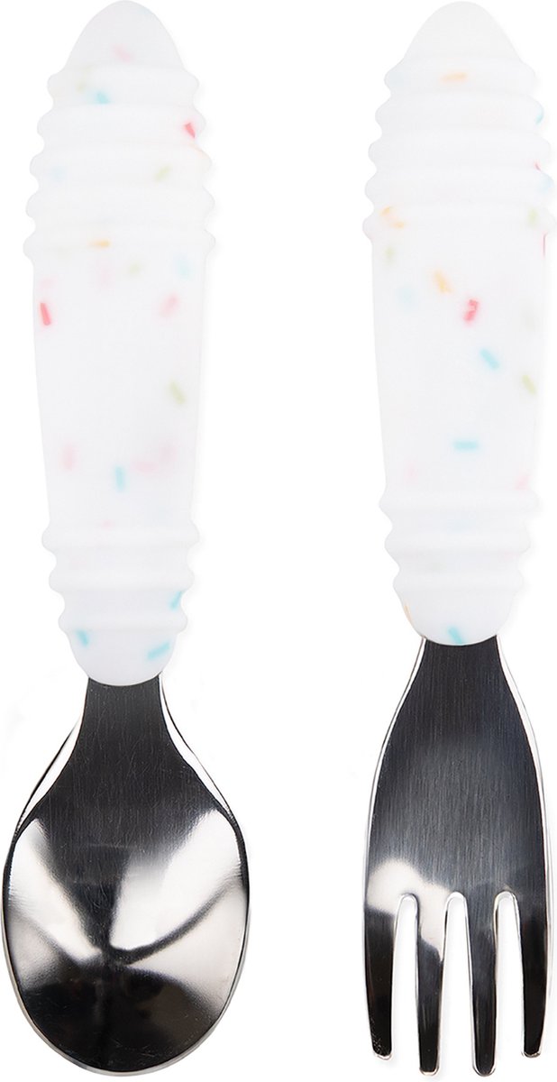 Goedkoopste Bumkins - kinderbestek 2-delig, lepel en vork - rvs en siliconen - vanille sprinkle