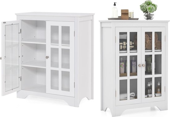 Witte vitrinekast met één glazen deur op links, en een gesloten witte deur op rechts. Binnenin verstelbare planken.