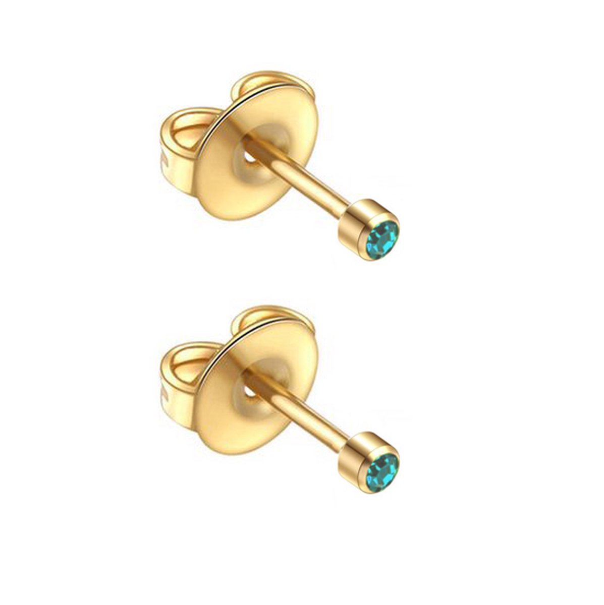 Caflon 2mm 24K gold plated mini oorknopjes voor oorschieter hypoallergeen steriel verpakt goudkleurig met blauw turquoise steen geboortesteen december