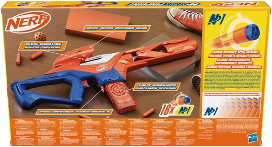 Oranje en blauwe Nerf N-Series Pinpoint blaster met grote scope, 10-dart cup, en 18 darts.