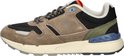 Zijkant van de G-Star sneaker in bruin suède, mesh en olijfgroene panelen.