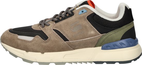 Zijkant van de G-Star sneaker in bruin suède, mesh en olijfgroene panelen.