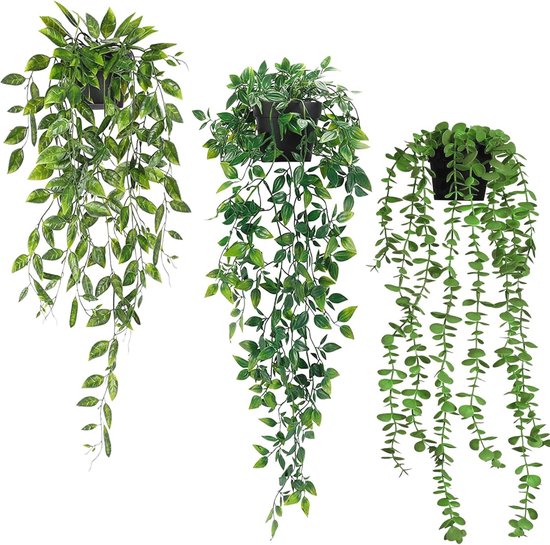 Trois plantes artificielles suspendues aux feuilles vertes dans des pots noirs, sur fond blanc.