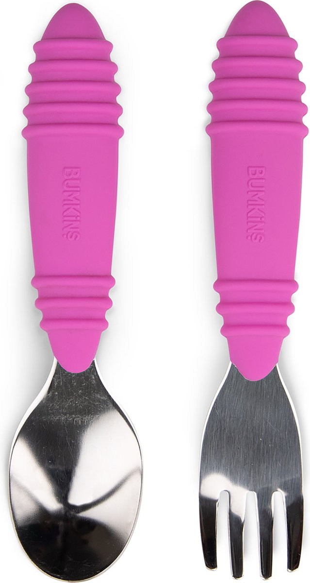 Goedkoopste Bumkins - kinderbestek 2-delig, lepel en vork - rvs en siliconen - fuchsia