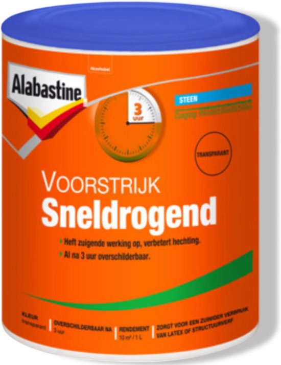 Oranje blik met Alabastine logo. Sneldrogende voorstrijk, transparant, 1L. Overschilderbaar na 3 uur.
