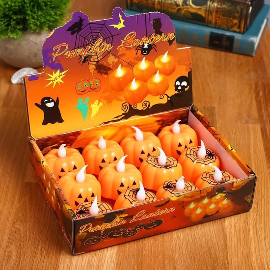 Bougies LED Halloween En Forme De Citrouille - Lot De 12, Lumière Orange, Sans Fil, Piles Incluses