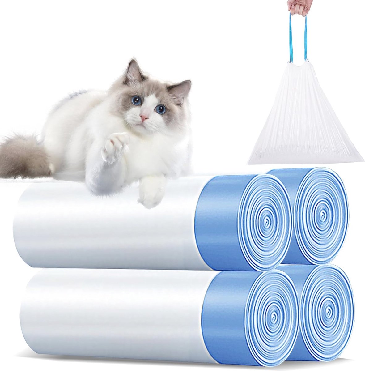 Goedkoopste Vuilniszakken voor Kattentoiletten - Zelfreinigende Kattentoiletzakken met Draaggreep - Krasbestendige Huishoudelijke Afvalzakken - 4 Rollen/60 Stuks