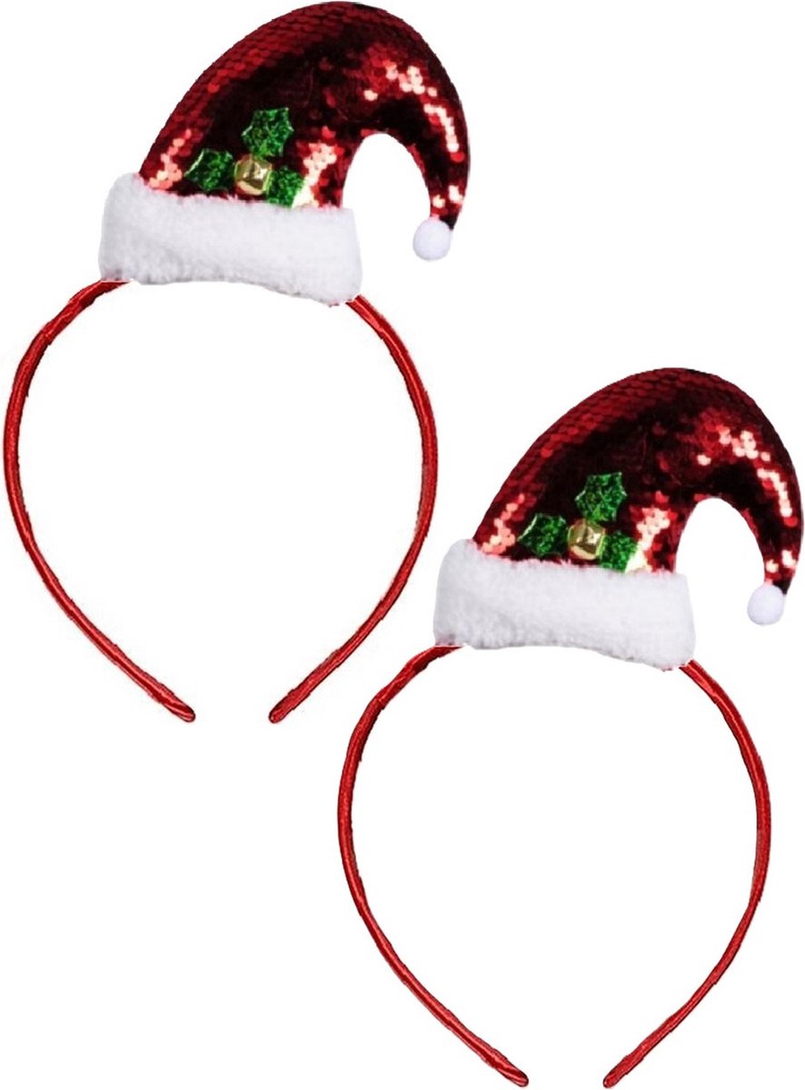 Sandy Diadeems kerstmuts - 2x - rood - pailletten - kerst haarband - kerstaccessoires