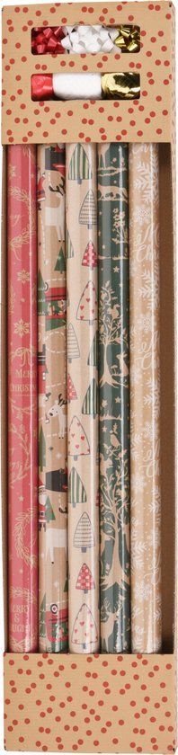 Kerst inpakpapier set - 11-delig - 200 x 70 cm - Bruin