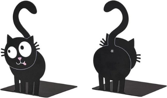 Zwarte metalen boekensteun in de vorm van een kat met een lange staart. De voorkant toont een grappig gezichtje met grote ogen en een tongetje uit.