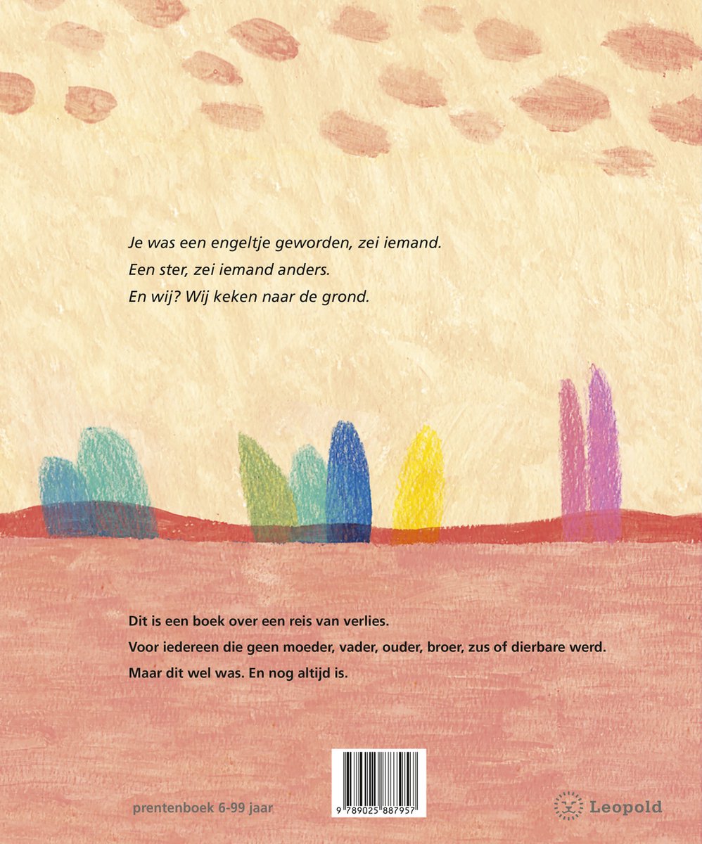 Boek 'Voor altijd ons kind' met tekst over verlies en kleurrijke vormen op een roze achtergrond.